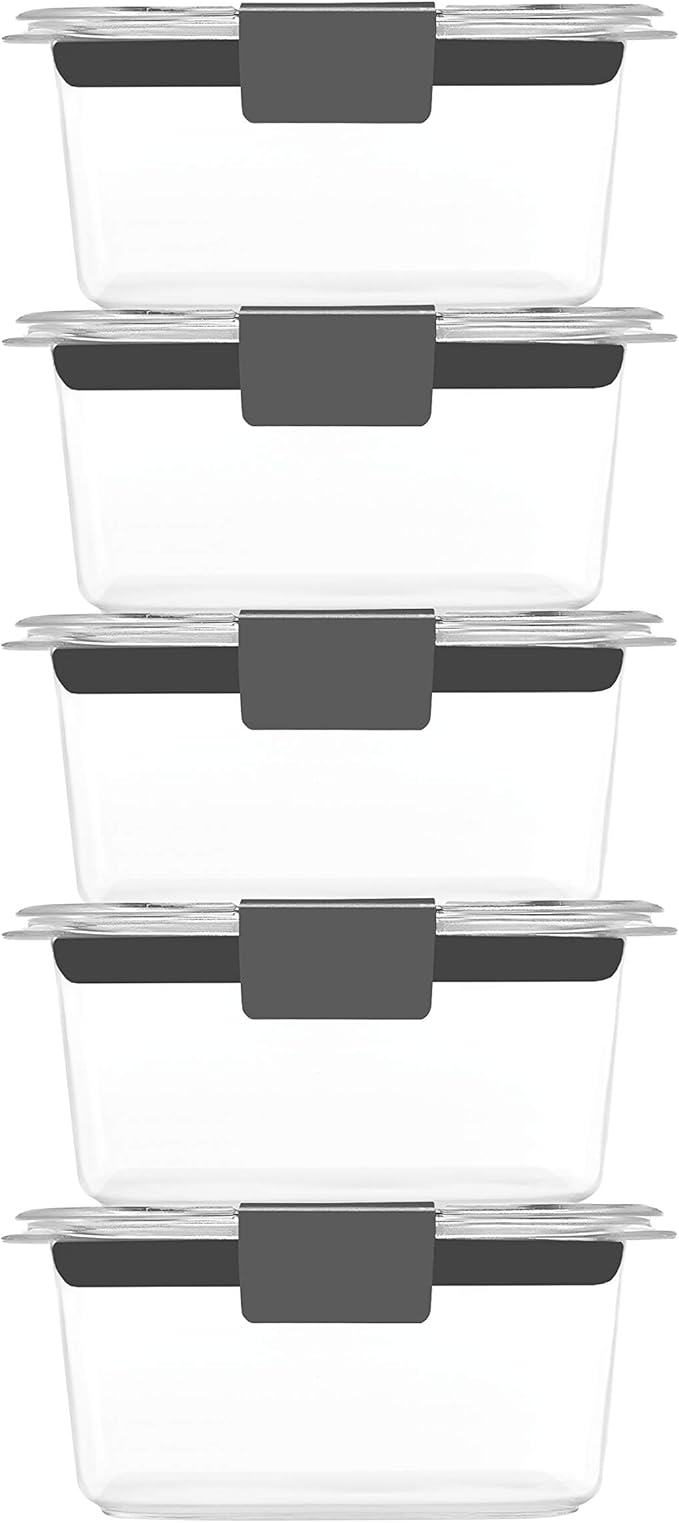 Rubbermaid Brilliance Food Storage Container, Medium, 3.2 Cup, 5 Pack, Clear & Leak-Proof Brilliance Food Storage Set, 1.3 Cup Plastic Containers with Lids, 5-Pack, Clear