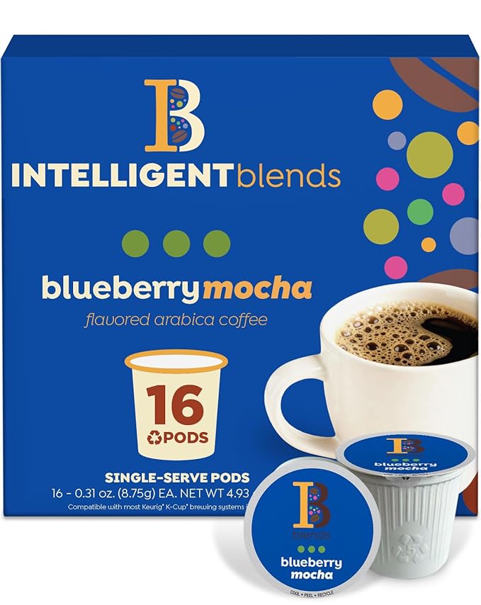 Intelligent Blends Blueberry Mocha Flavored Coffee Pods, 16 ct, Medium Roast Single Serve Pods – 100% Arabica Coffee, Compatible with Keurig K Cups Maker