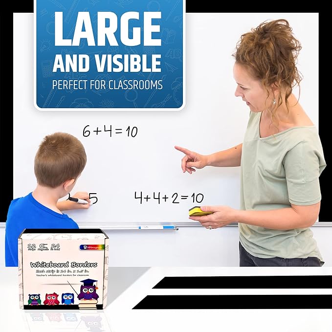 Strong & Wide Magnetic Borders for Classroom Whiteboard - Visible Magnetic Strips for Teachers (4 Designs Available) | Straight Plain - Black | 12 Strips of 24X1.5 Inch - 24 Feet Total