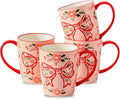 HASENSE Coffee Mugs Set of 4,16oz Ceramic Cups with Handle for Kitchen,Pink Bow Valentine's Day Latte Mugs for Hot Cocoa,Tea,Milk & Latte,Large Festive Stylish Mug Gift,Microwave and Dishwasher Safe