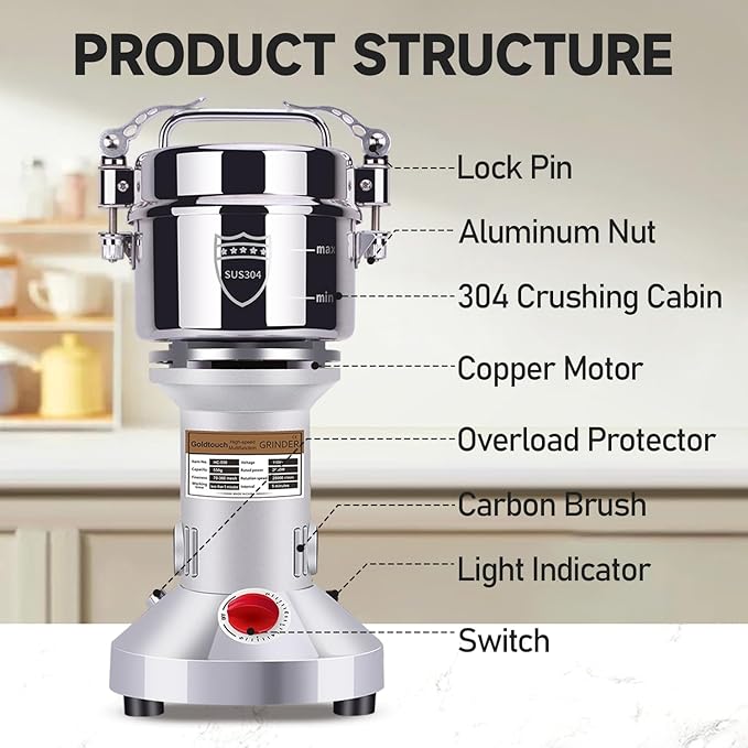 Goldtouch 550g Grain Mill Grinder 2000W Electric Stainless Steel Grain Grinder High-Speed Pulverizer Powder Machine for Dry Wheat, Oats, Corn, Pepper and Coffee Beans (550g Stand Type)