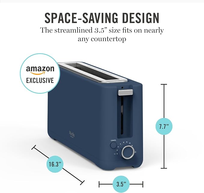 Martha Stewart 2 Slice Long Slot Toaster, Extra Wide for Sourdough & Bagels, 10 Setting Shade Control, Removable Crumb Tray, Self-Centering Design, Defrost/Reheat, Cancel, Slim Space-Saving, Indigo