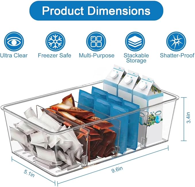 6 Pack Versatile Plastic Bins, Clear Food Storage Organizer Bins, 4 Compartment Pantry Organizer for Kitchen, Fridge, Cabinet, Desk Organization and Storage