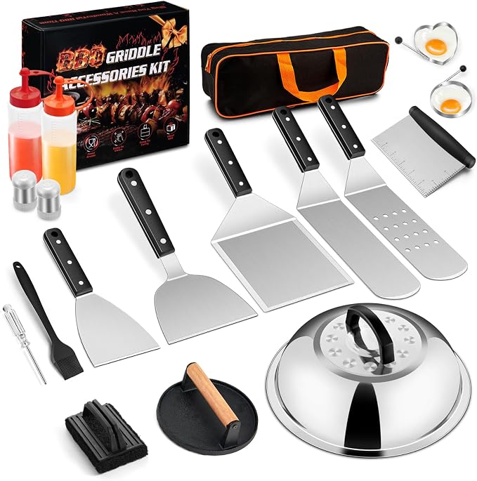 Joyfair 18Pcs Griddle Accessories Kit for Blackstone, (ABS Handles) | Flattop Grilling Accessory Set With Smash Burger Press, Stainless Steel Spatula Tool, Basting Cover For Outdoor BBQ Cooking