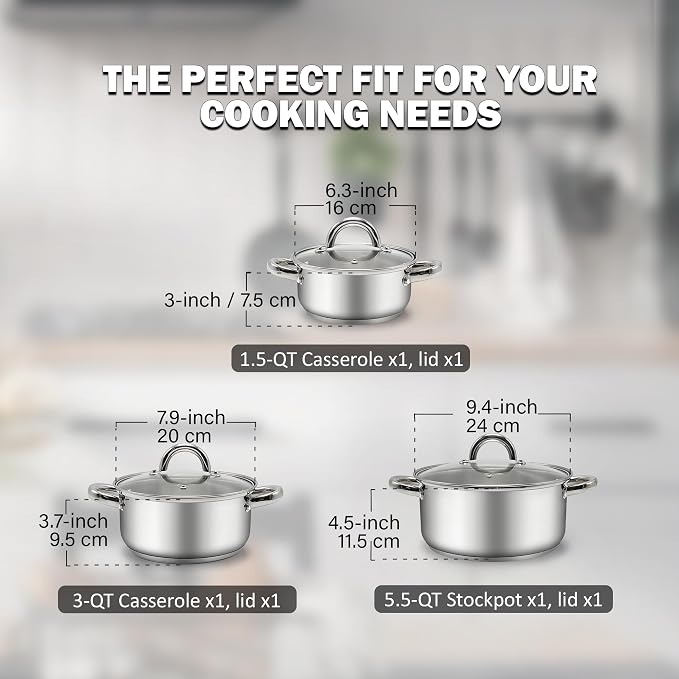 Cook N Home Basics Stainless Steel Cookware Sets, 6-Piece Pots and Pans | 1.5 & 3 Qt Sauce Pots with Lid, 5.5 Qt Dutch Oven Stockpot, Induction Compatible, Dishwasher & Oven Safe