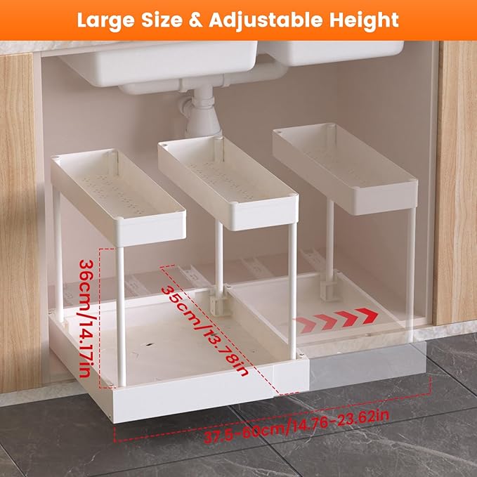 Expandable Under Sink Organizers and Storage,Width Adjustable (14.9-23.6IN),No Drill 2-Tier Pull Out Under Cabinet Organizer for Kitchen Bathroom Laundry White