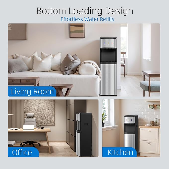 Manastin Bottom Loading Water Cooler Dispenser for 3-5 Gallon Bottles, 3 Temperature - Hot, Cold & Room Water with Child Lock, Ideal Design for Home & Office, Satin Silver