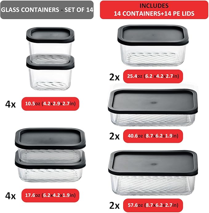 EATEX Grooved Base Glass Meal Prep Containers, 14 Pack Glass Food Storage Containers with Lids for Meal Prep & Lunch, Microwave Oven Freezer Dishwasher Safe, Anti Moisture Non-Stick Design - Black