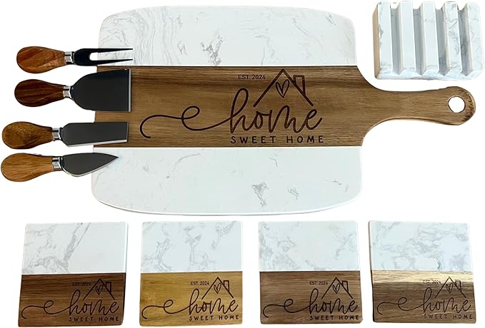 Personalized Marble Charcuterie Board with Serving Tools - New Home Gift, Unique Wedding Gift, Real Estate Closing Gifts - Natural Acacia Engraved Charcuterie Board (Closing Gift)