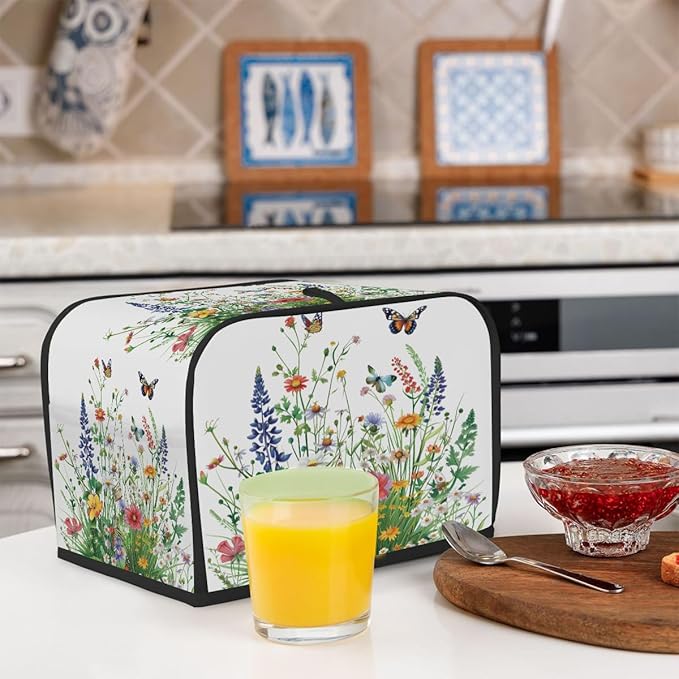 2 Slice Beautiful Flowers And Grass Toaster Cover Dust And Fingerprint Bread Maker Cover Bakeware Protector Washable Appliance Covers Kitchen Accessories For Home Kitchen Women Gift