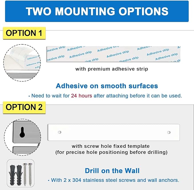 17 Inch Magnetic Knife Holder for Wall No Drill/Drill with 12 Hooks-Strong Adhesive Double Bar Knife Magnetic Strip-Kitchen Utensil Holder-304 Stainless Steel Magnetic Knife Block