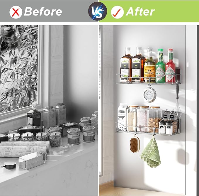 Magnetic Spice Rack for Refrigerator, 2 Pack Strong Magnet Spice Organizer Shelves with Hooks, Magnetic Fridge Shelf for Kitchen Organization and Storage, Seasoning Organizer Gadgets (Grey)