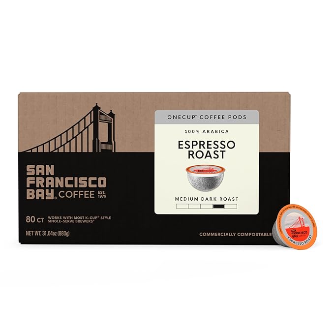 San Francisco Bay K-Cup Coffee Pods, Espresso Roast (80 ct), Medium-Dark Roast, Commercially Compostable Single-Serve Coffee Pods