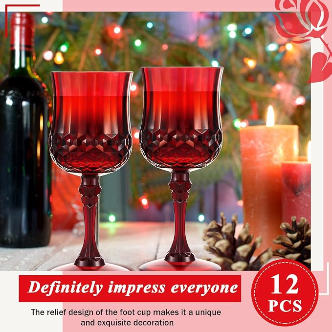 Pinkunn 12 Pcs 7 oz Plastic Vintage Wine Glasses Reusable Colored Goblets Patterned Drinking Water Glasses Cup Dishwasher Safe for Mother's Day Wedding Reception Party Supplies (Red)