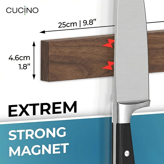 CUCINO Magnetic Knife Holder for wall, 10" no drilling required, includes self-adhesive tape, extra strong for holding knives – Awarded magnet strip – Walnut