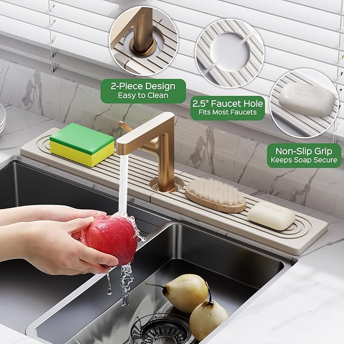 23.6 Inch Stone Faucet Mat for Kitchen Sink Splash Guard - Diatomite Quick Dry Stone Mat Kitchen Sink Protectors, Water-Absorbent Faucet Handle Drip Tray(White, 23.6" x 3.9")