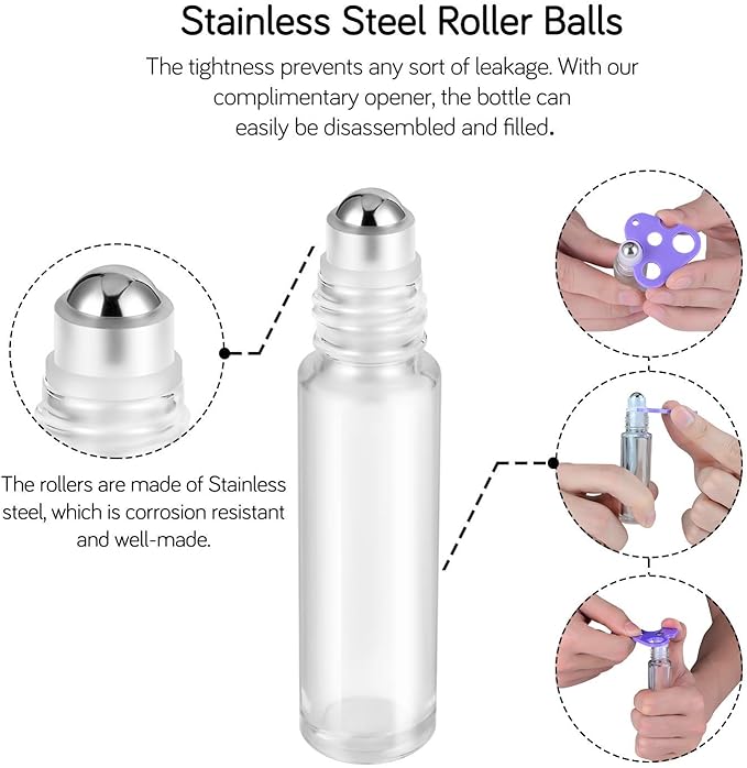 PrettyCare 4 Pack, 10 ml Essential Oil Roller Bottles with Stainless Steel Roller Ball - Refillable Leak-proof Empty Thick Clear Glass Roll on Bottles with Metal Caps for Travel, Perfume