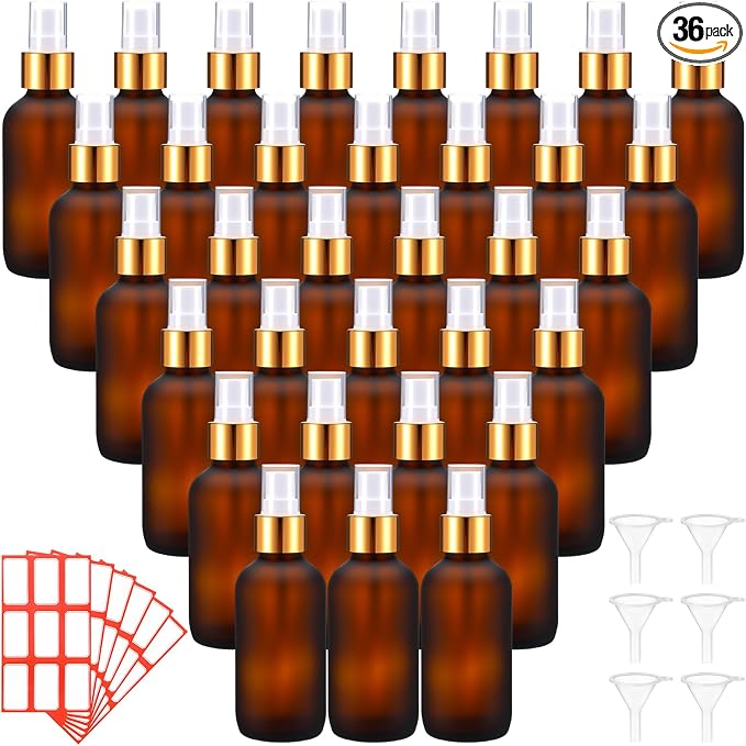 Fumete 36 Pcs Glass Spray Bottles 4oz Fine Mist Glass Spray Bottle Refillable Liquid Containers with 6 Labels 6 Funnel for Hair Travel Plants Cleaning Solutions Skin Care(Amber,Frosted)