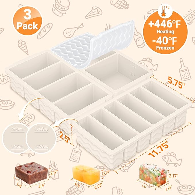 3-Pack Silicone Freezer Trays with Lid,2 Large 2-Cup(500ml)&4 Medium 1-Cup(125ml)&6 Small 1/2-Cup(75ml) Soup Freezer Container Molds,Ice Cube Tray For Meal Prep&Freezing Soup,Stews,Sauces