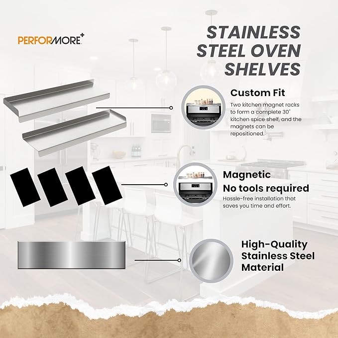 Performore Stainless Steel Oven Storage Shelf 15.5x3.75x2 – 2-Piece Interlocking Design, Space-Saving Kitchen Organizer w/ 4 Magnetic Feet & Protective Film, Adjustable Spice Rack Organizer