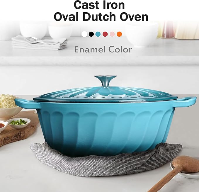 Enameled Dutch Oven Pot with Lid, 7 QT Cast Iron Dutch Oven with Dual Handles, Oval Dutch Oven for Cooking, Bread Baking, Frying, Non-stick Enamel Coated Oven (Blue-Green)