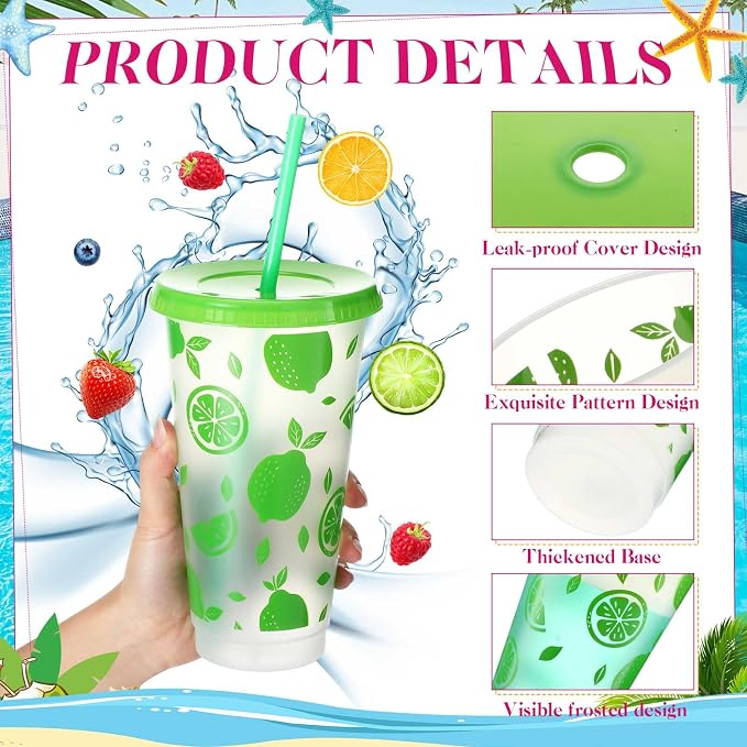Cholemy 48 Pcs 24 oz Hawaiian Plastic Cups Bulk Luau Tumblers with Straw and Lid 12 Design Reusable Summer Travel Cups for Hawaiia Party Favors Luau Party Supplies