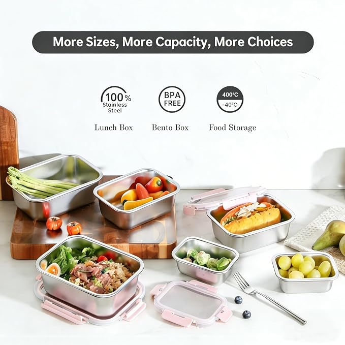 Cuiselect 8 PCS Stainless Steel Lunch Box, 4-Size (58/41/24/14Oz) Stackable Metal Bento Boxes BPA Free Dishwasher Safe, Food Storage Containers, Leakproof Reusable Meal Storage for Work,Travel (Pink)