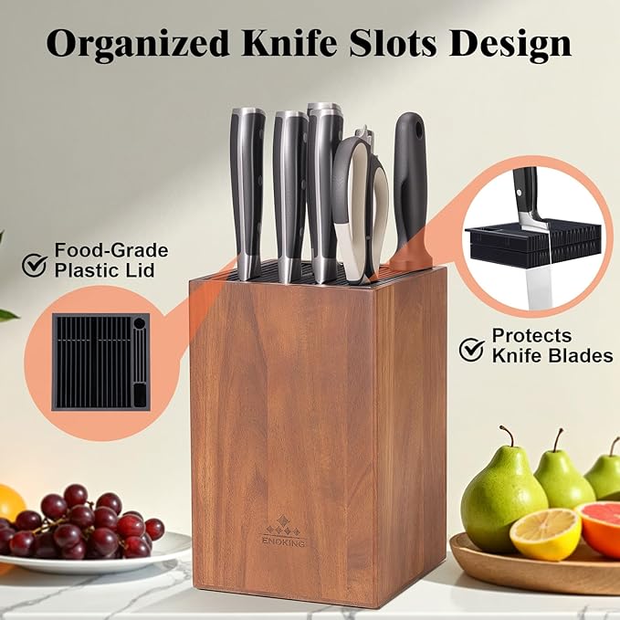 Acacia Wood Universal Knife Block with Plastic Slot Top, Kitchen Knife Holder for Knives, Scissors & Sharpening Rod, Easy-Clean Countertop Storage Organizer