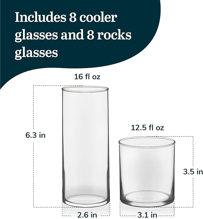 Libbey Miles Tumbler and Rocks Bar Drinkware Glasses Set, Clear All-Purpose 16 Piece Glassware Set, Sleek Glass Drinking Cups for Everyday Use