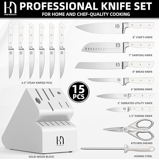 Kitchen Knife Block Set, 15-Piece Enduring Ultra Sharp Knife Set, Japanese High Carbon Stainless Steel, Premium Forged Knives for Kitchen and Professional Chefs, White