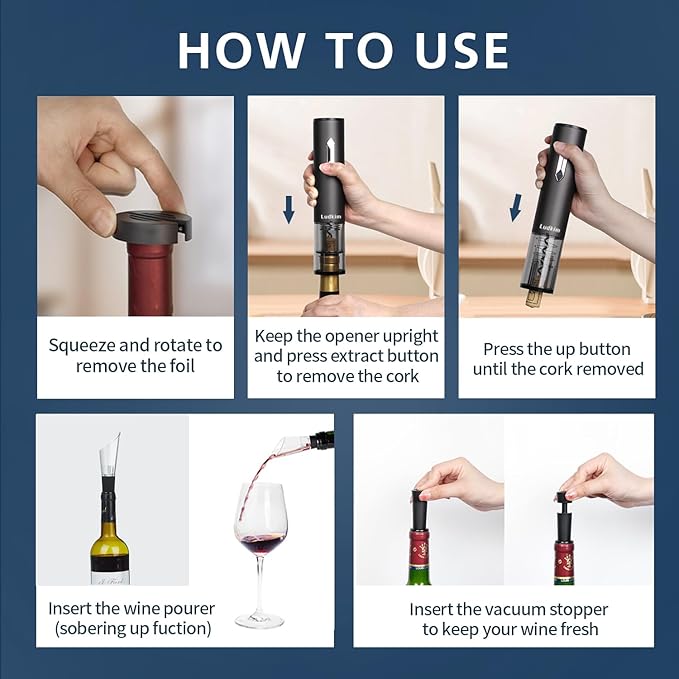 5-in-1 Electric Wine Opener Set, Automatic Batter Powered Corkscrew Kit Includes Wine Aerator Pourer & 2 Vacuum Stoppers, Foil Cutter, Ultimate Cordless Auto Wine Bottle Opener Gift Set