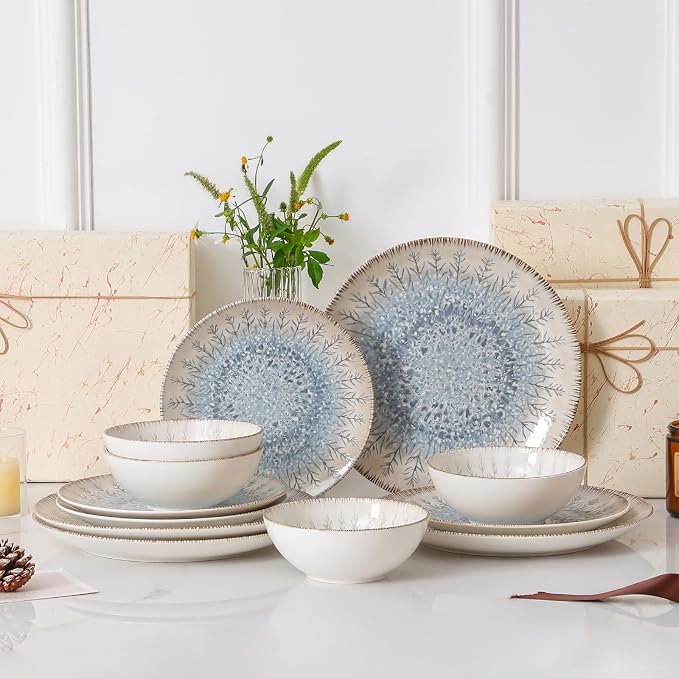 DOMICREVERY Ceramic Dinnerware Sets for 4, 12 pcs Scratch Resistant Dish Set, Blue Branch