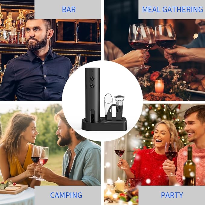Electric Wine Opener Set Rechargeable with Base, 5-in-1 Wine Bottle Opener Electric Kit Includes Wine Aerator, Foil Cutter & Vacuum Stopper, Automatic Wine Opener for Home, Camping & Gifts