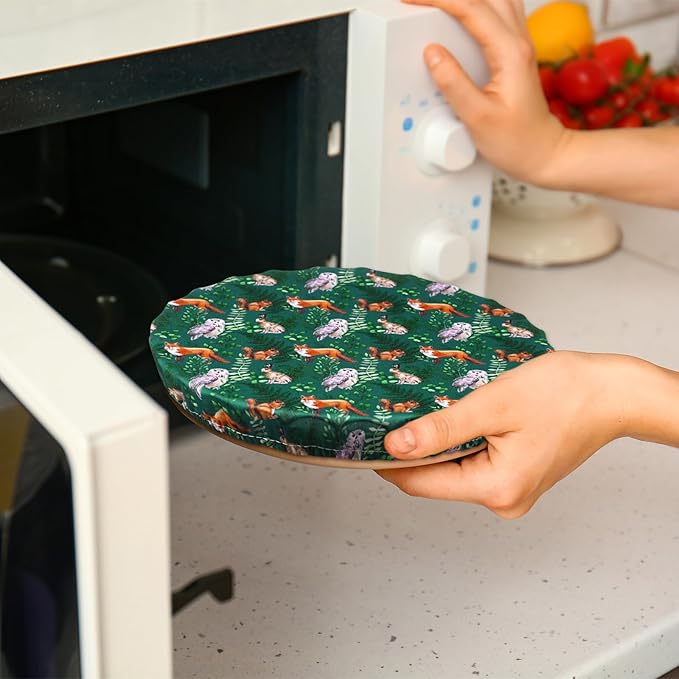 Patelai 10 Pcs Bowl Covers Reusable in 5 Size Stretch Cloth Fabric Elastic Food Storage Bowl Covers Bread Sourdough Lids for Proofing Food Fruits Leftover(Black, White, Brown, Green,Animal Style)