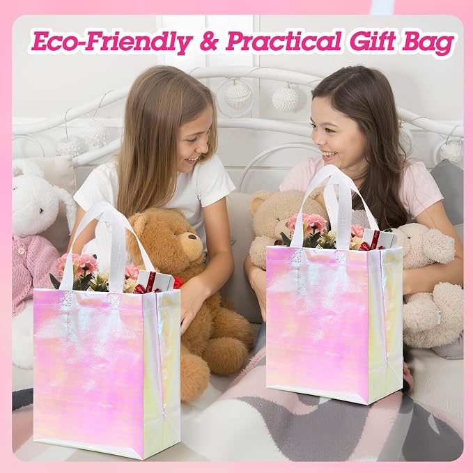 Eccliy Reusable Gift Bags Set Glossy Grocery Gift Tote Bag with Handle for Wedding, Bridal Shower, 4th of July, Summer Event(10 x 8 x 4.7 Inch,Holographic Pink,80 Pcs)