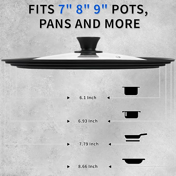 Universal Lid for Pots, Pans and Skillets - Tempered Glass Lid with Heat Resistant Silicone Rim Fits 6" - 8" Diameter Cookware, Replacement Lid for Frying Pan and Cast Iron Skillet (6"7"8")