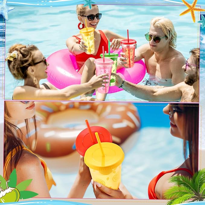 Cholemy 24 Pcs 24 oz Hawaiian Plastic Cups Bulk Luau Tumblers with Straw and Lid 12 Design Reusable Summer Travel Cups for Hawaiia Party Favors Luau Party Supplies