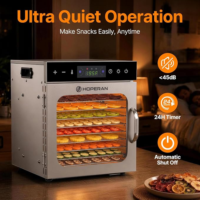 HOPERAN 10 Tray Food Dehydrator Machine for Jerky, Fruit, Herb & Dog Treats | Stainless Steel, Max.196℉ Digital Temperature & Timer Control, 400W, Quiet <48dB, Including 2 Mesh Screens, 1 Fruit Roll Tray