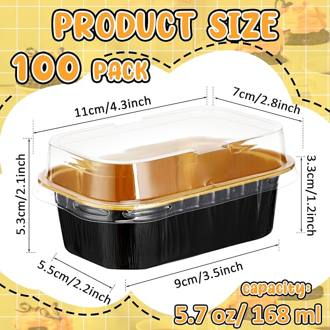 Vesici 100 Sets Mini Loaf Pans with Lids, 5.7 oz Disposable Aluminum Foil Baking Cups, Rectangle Cake Pans for Pudding Desserts Muffin Baking Storage Birthday Party(Black Gold)