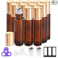 PrettyCare 12 Pack, 10 ml Essential Oil Roller Bottles with Stainless Steel Roller Ball - Refillable Leak-proof Empty Thick Amber Glass Roll on Bottles with Metal Caps for Travel, Perfume