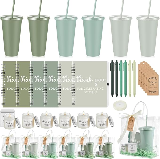 Nuogo 6 Sets New Parent Shower Prizes for Player Winners Adult, Wedding Bridal Shower Gift, Plastic Tumbler Notebook Scented Candle Ballpoint Pen Bag (Gradient Green,Classic Style)