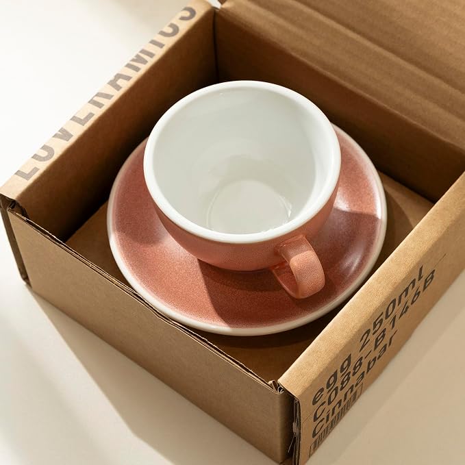 Loveramics Matt Cappuccino Cup, 8 oz Ceramic Latte Art Mug with Saucer, Thick-walled stoneware cup Set, Barista Latte Cup Set for Latte, Cappuccino, Tea - Mineral Colors (Cinnabar, 8OZ)