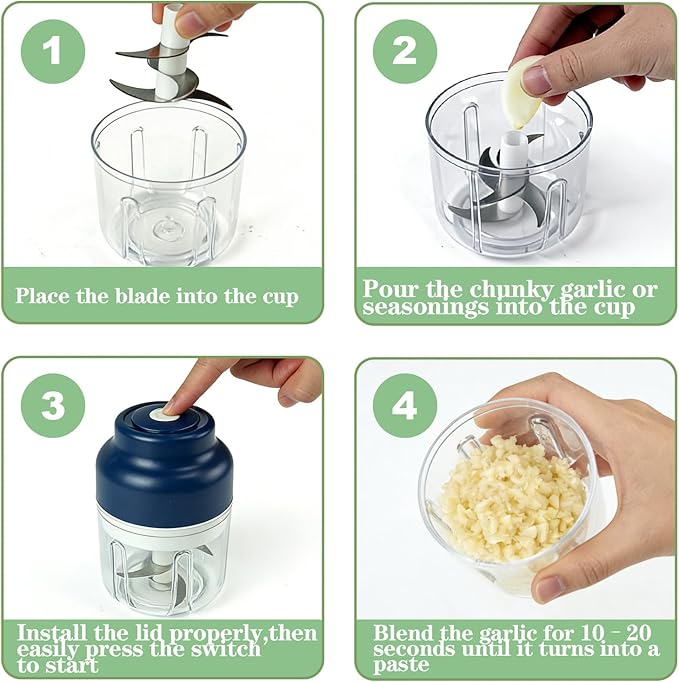 Kuars Gvni Wireless Garlic Chopper 11.26oz Mini Electric Food Processor Portable Small Blender for Chili Scallion Garlic Minced Meat Herbs (Green)
