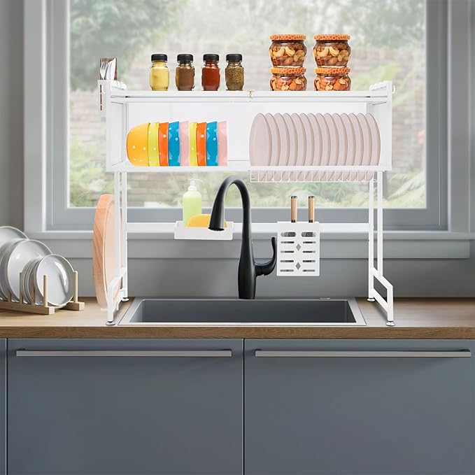 Over The Sink Dish Drying Rack 2 Tier Large Dish Drainer Drying Rack 37.4" W Multifunctional Kitchen Organizers and Storage for Dishes, Glasses, Bowls, and Cutlery (White)
