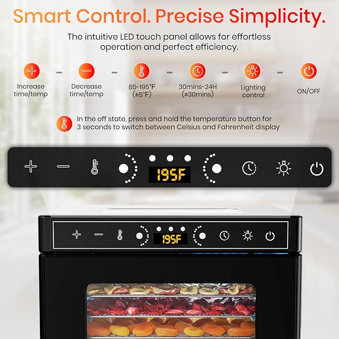 Food Dehydrator Machine, 6 Stainless Steel Trays Fruit Dehydrator with Visible Skylight, 195°F Meat Dehydrator for Jerky, Pet Treats, Herbs, Fruit and Yogurt, Silver