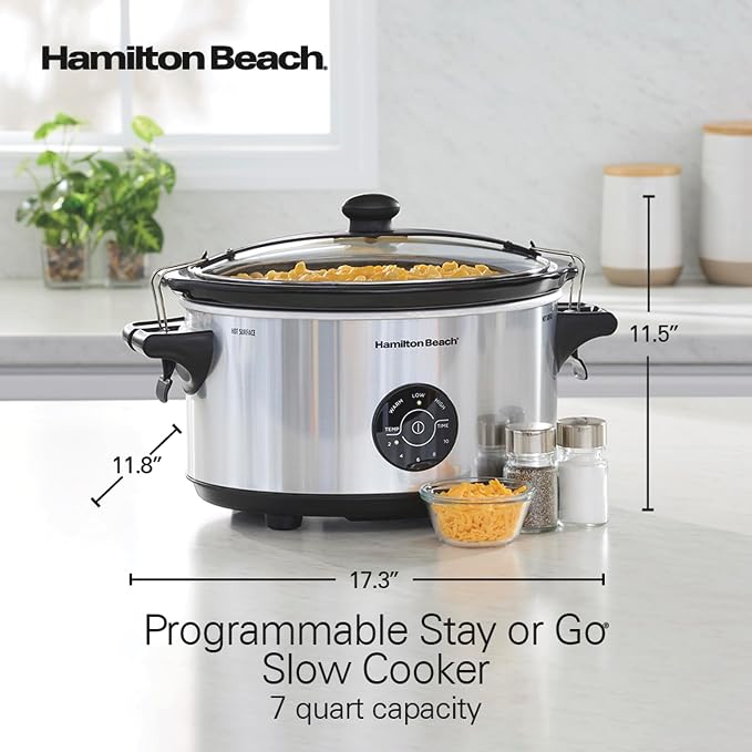 Hamilton Beach 7 Quart Stay or Go Portable Programmable Slow Cooker | 15 Cooking Options | Clip-Tight Glass Lid For Easy Travel | Dishwasher Safe Stoneware Crock | Silver