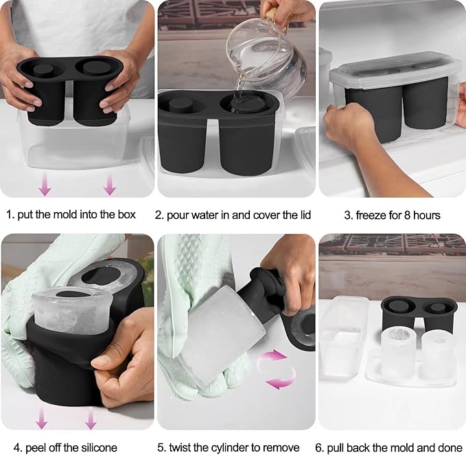 Ice Mold for Stanley Cup, Silicone Ice Cube Tray for Stanley Cup 30oz-40oz, Tumbler Ice Mold with Lid and Bin, Easy Release Cylinder Ice Cube Mold, 1 Pack, Black
