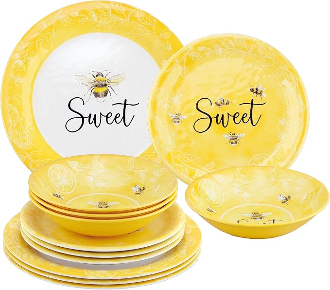 UPware 12 Piece Sweet Bees Melamine Dinnerware Sets, Outdoor Dishes Set, Plates and Bowls Sets, Service for 4, Yellow