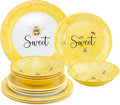 UPware 12 Piece Sweet Bees Melamine Dinnerware Sets, Outdoor Dishes Set, Plates and Bowls Sets, Service for 4, Yellow