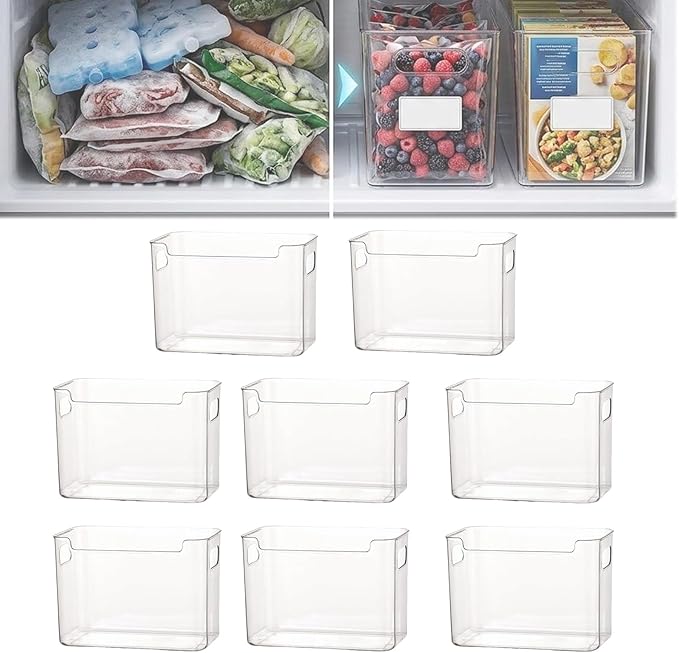 Crystal Clear Freezer Storage Bins, Stackable Fridge Organizer Bins with Handles, Clear Plastic Food Containers for Refrigerator and Pantry, Kitchen Organization for Meat & Veggies (Clear*8, Large)